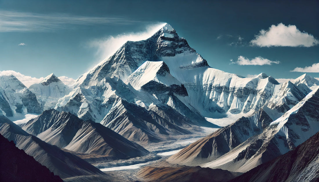 A stunning view of Cho Oyu featuring its snow-covered peak under a clear blue sky. The rugged terrain of the Himalayas is visible, capturing the mountain's majestic beauty and challenging conditions.