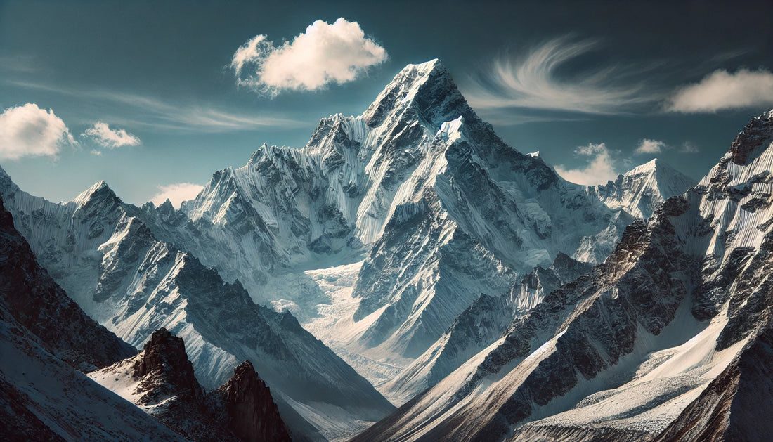 A stunning view of Manaslu featuring its snow-covered peak under a clear blue sky. The rugged terrain of the Himalayas is visible, capturing the mountain's majestic beauty and challenging conditions.