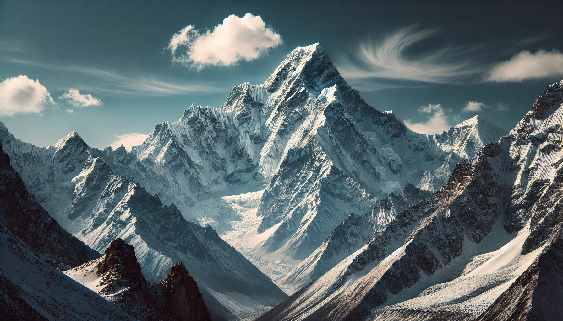 A stunning view of Manaslu featuring its snow-covered peak under a clear blue sky. The rugged terrain of the Himalayas is visible, capturing the mountain's majestic beauty and challenging conditions.