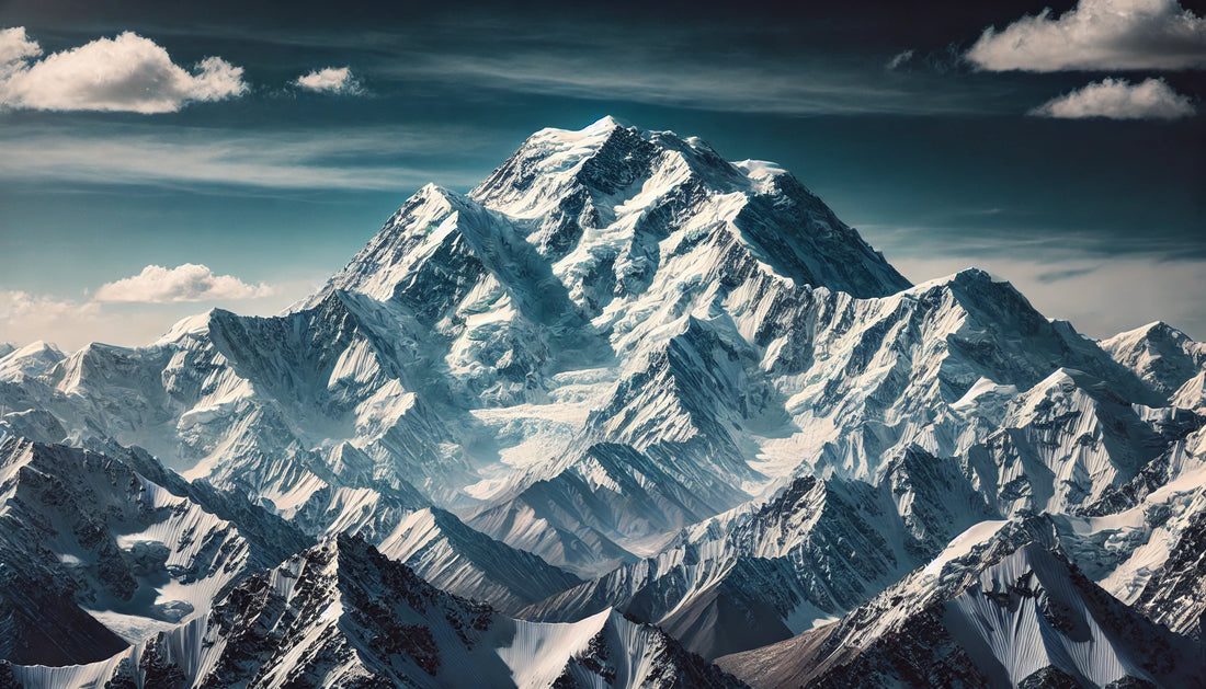 A stunning view of Nanga Parbat featuring its snow-covered peak under a clear blue sky. The rugged terrain of the Himalayas is visible, capturing the mountain's majestic beauty and challenging conditions.