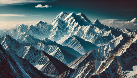 A stunning view of Nanga Parbat featuring its snow-covered peak under a clear blue sky. The rugged terrain of the Himalayas is visible, capturing the mountain's majestic beauty and challenging conditions.