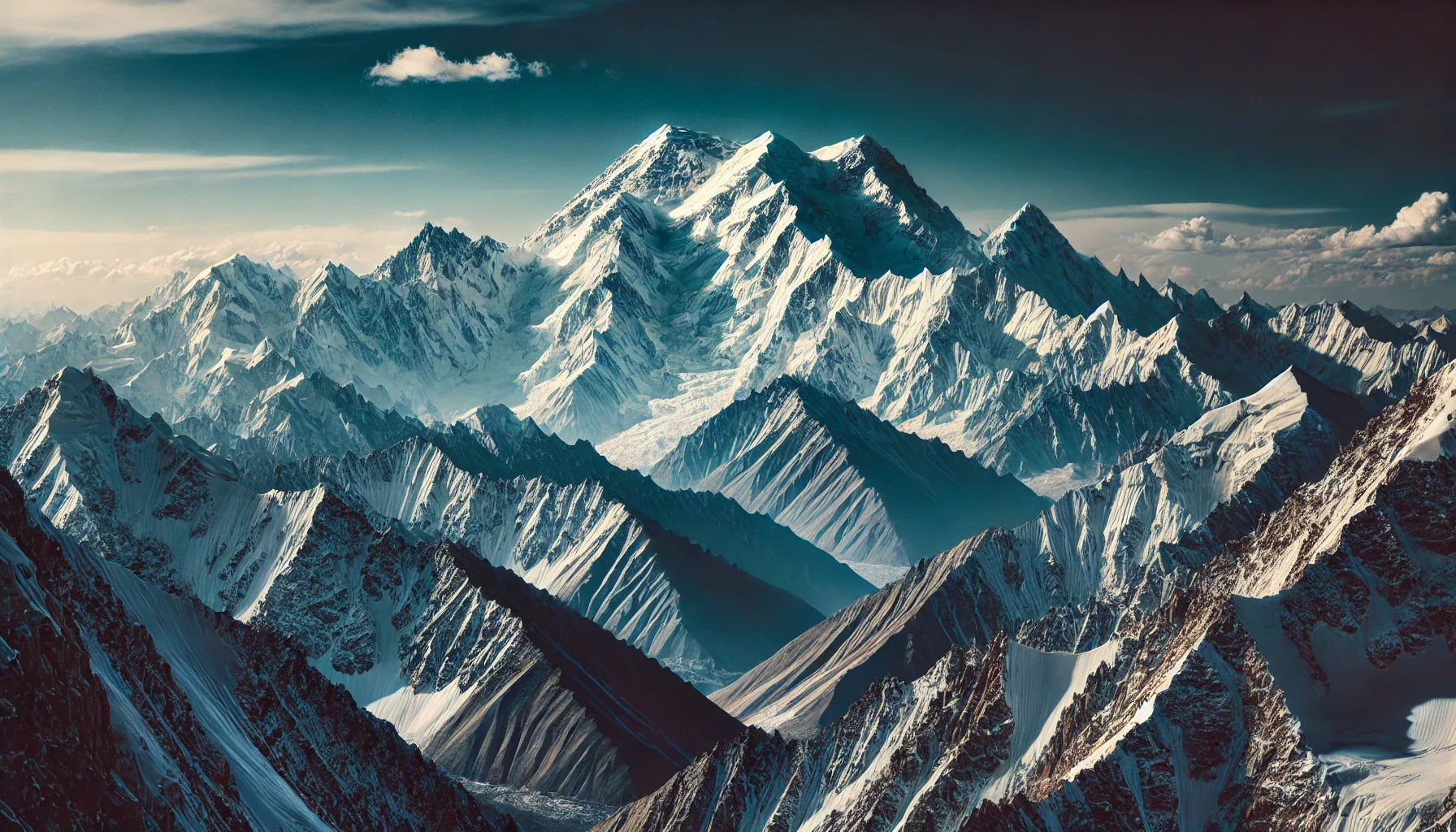 Snowy jagged mountain range under a clear blue sky, with a central towering peak and shadowed ridges.