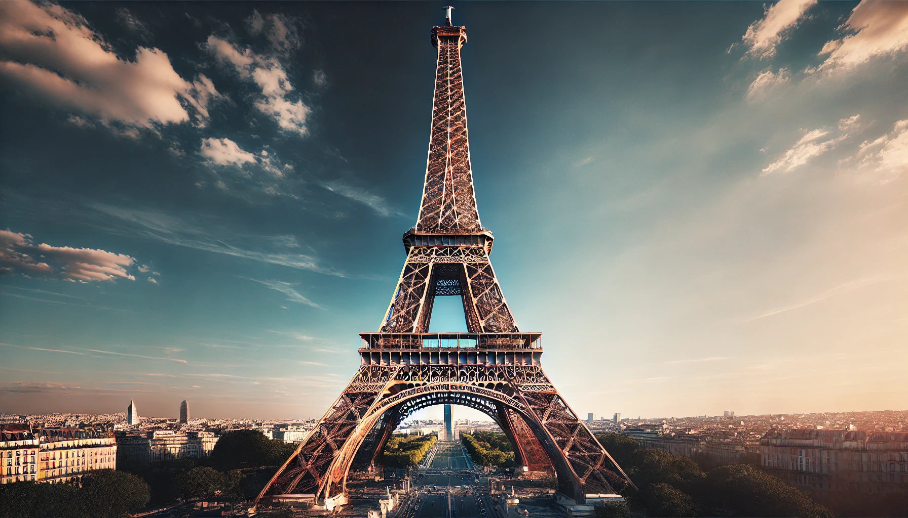A stunning view of the Eiffel Tower in Paris, France, featuring its iconic iron lattice structure under a clear blue sky. The tower stands majestically, capturing the essence of French architectural brilliance and cultural significance.