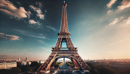 A stunning view of the Eiffel Tower in Paris, France, featuring its iconic iron lattice structure under a clear blue sky. The tower stands majestically, capturing the essence of French architectural brilliance and cultural significance.