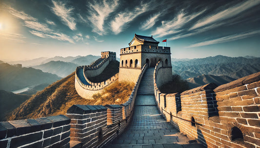 A stunning view of the Great Wall of China, featuring its ancient stone and brick construction winding across the rugged terrain of northern China under a clear blue sky.