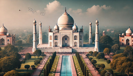 A stunning view of the Taj Mahal in Agra, India, featuring its iconic white marble structure and surrounding gardens under a clear blue sky. The mausoleum stands majestically, capturing the essence of Mughal architectural brilliance and eternal love.