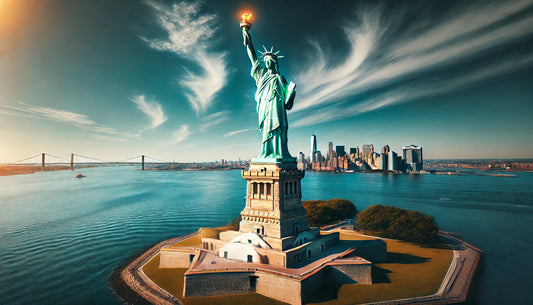 A stunning view of the Statue of Liberty on Liberty Island in New York Harbor, featuring its iconic green patina and torch held high against a clear blue sky. The statue stands majestically, capturing the essence of freedom and democracy.