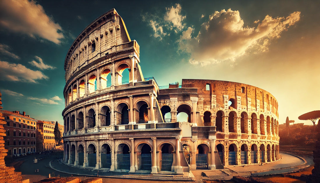 A stunning view of the Colosseum in Rome, Italy, featuring its ancient stone structure and arches against a clear blue sky. The amphitheater stands majestically, capturing the essence of Roman architectural brilliance and historical significance.