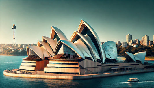 A stunning view of the Sydney Opera House in Sydney, Australia, featuring its iconic sail-like roof structures against a clear blue sky.