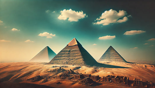 A stunning view of the Pyramids of Giza near Cairo, Egypt, featuring the Great Pyramid of Giza and the surrounding pyramids against a clear blue sky. The ancient structures stand majestically.