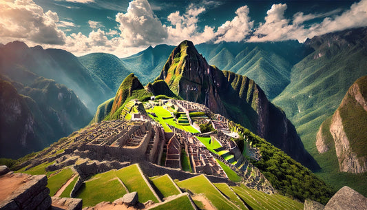 A stunning view of Machu Picchu in the Andes Mountains of Peru, featuring the ancient Incan city against a backdrop of lush green mountains and a clear blue sky. 