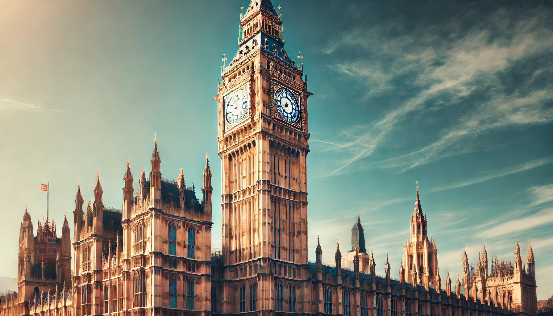 A stunning view of Big Ben (Elizabeth Tower) at the Palace of Westminster in London, UK, featuring its iconic clock faces and Gothic Revival architecture against a clear blue sky.