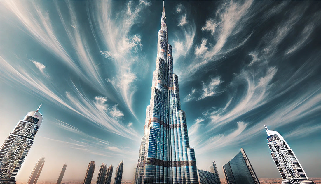A stunning view of the Burj Khalifa in Dubai, UAE, featuring its towering structure against a clear blue sky. The skyscraper stands majestically, capturing the essence of modern architectural brilliance and engineering achievement.