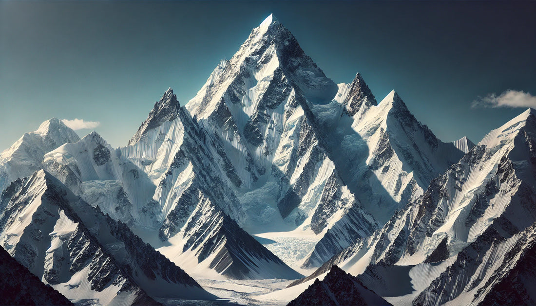 A stunning view of Gasherbrum I (Hidden Peak) in the Karakoram Range, featuring its towering snow-covered summit against a clear blue sky.