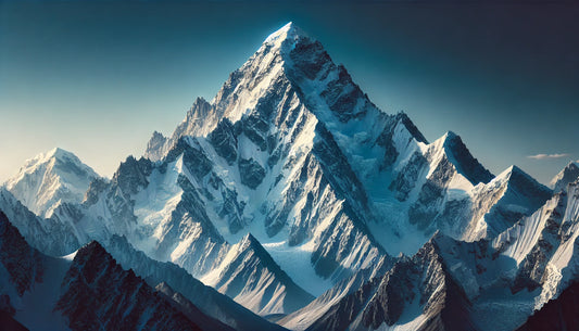 A stunning view of Broad Peak in the Karakoram Range, featuring its towering snow-covered summit against a clear blue sky. The mountain stands majestically, capturing the essence of high-altitude beauty and mountaineering challenge.