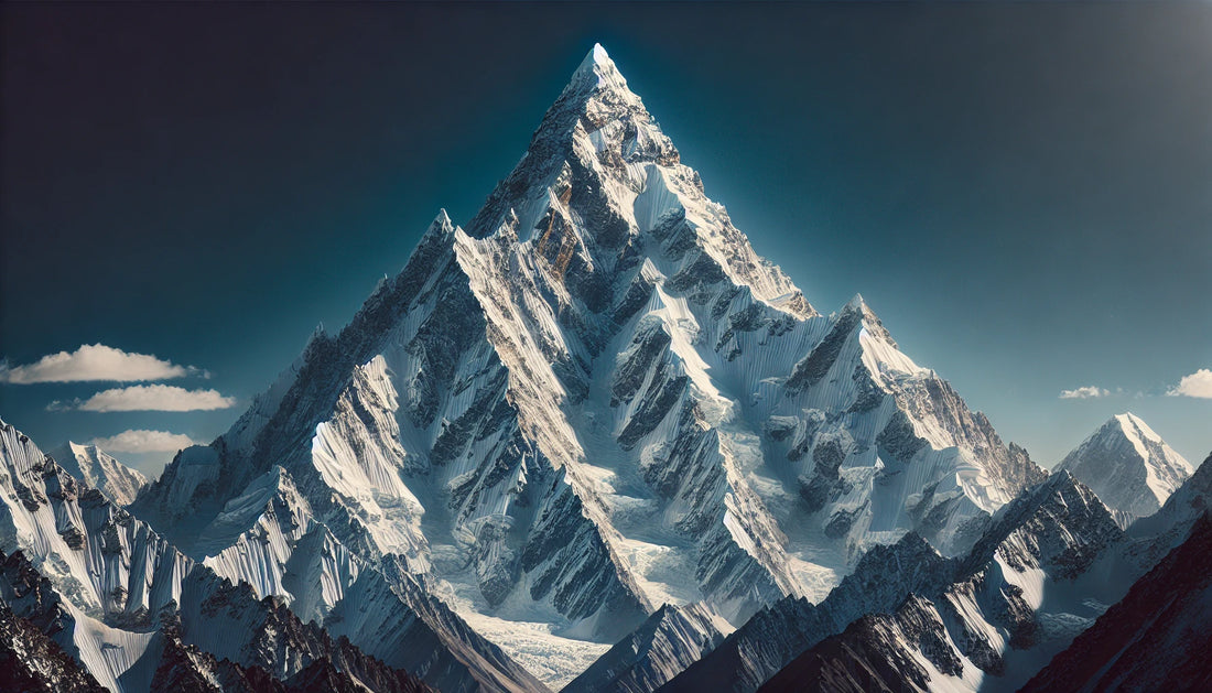 A stunning view of Gasherbrum II in the Karakoram Range, featuring its towering snow-covered summit against a clear blue sky.