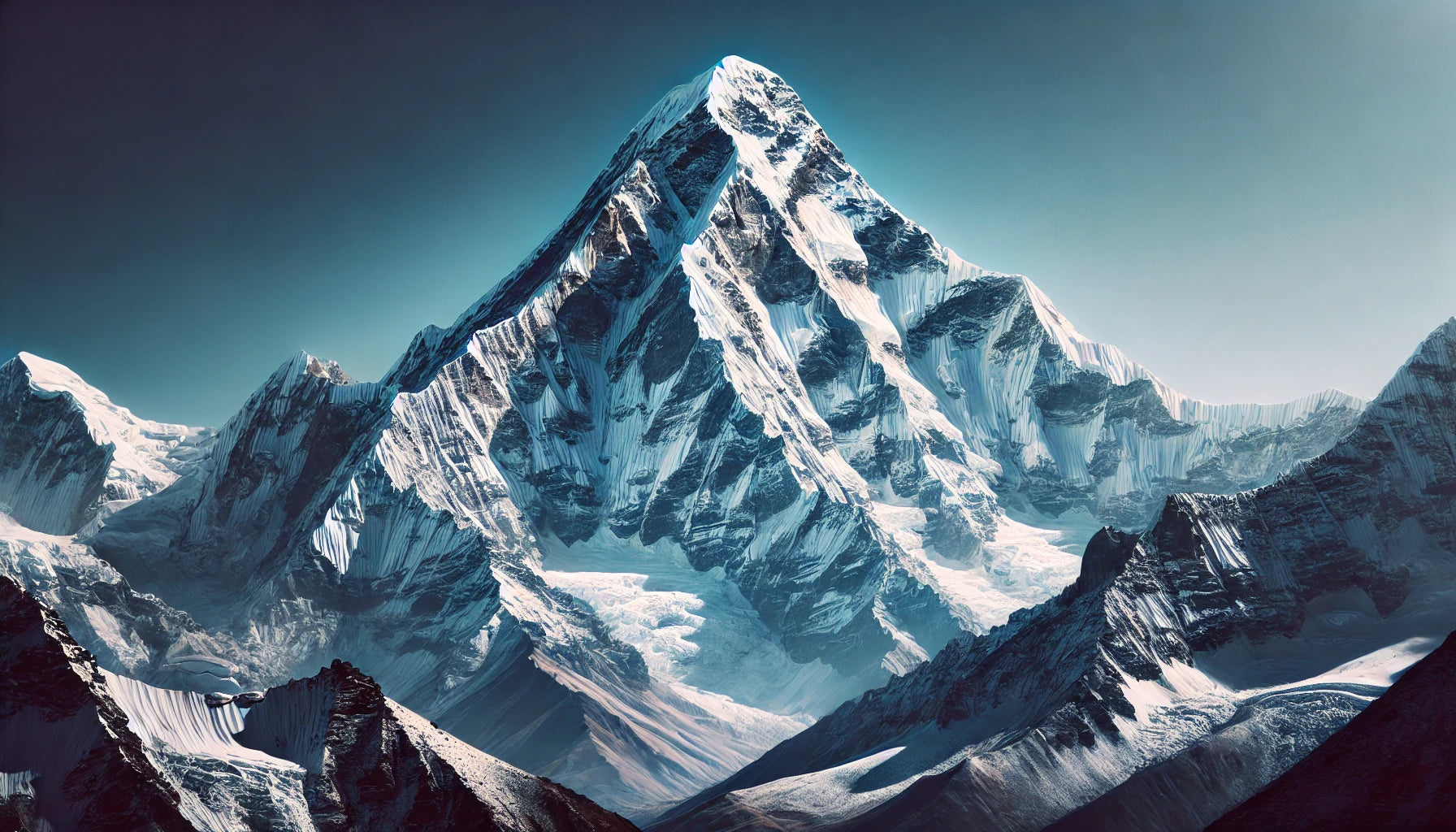 A stunning view of Annapurna II in the Himalayas of Nepal, featuring its towering snow-covered summit against a clear blue sky. The mountain stands majestically, capturing the essence of high-altitude beauty and mountaineering challenge.