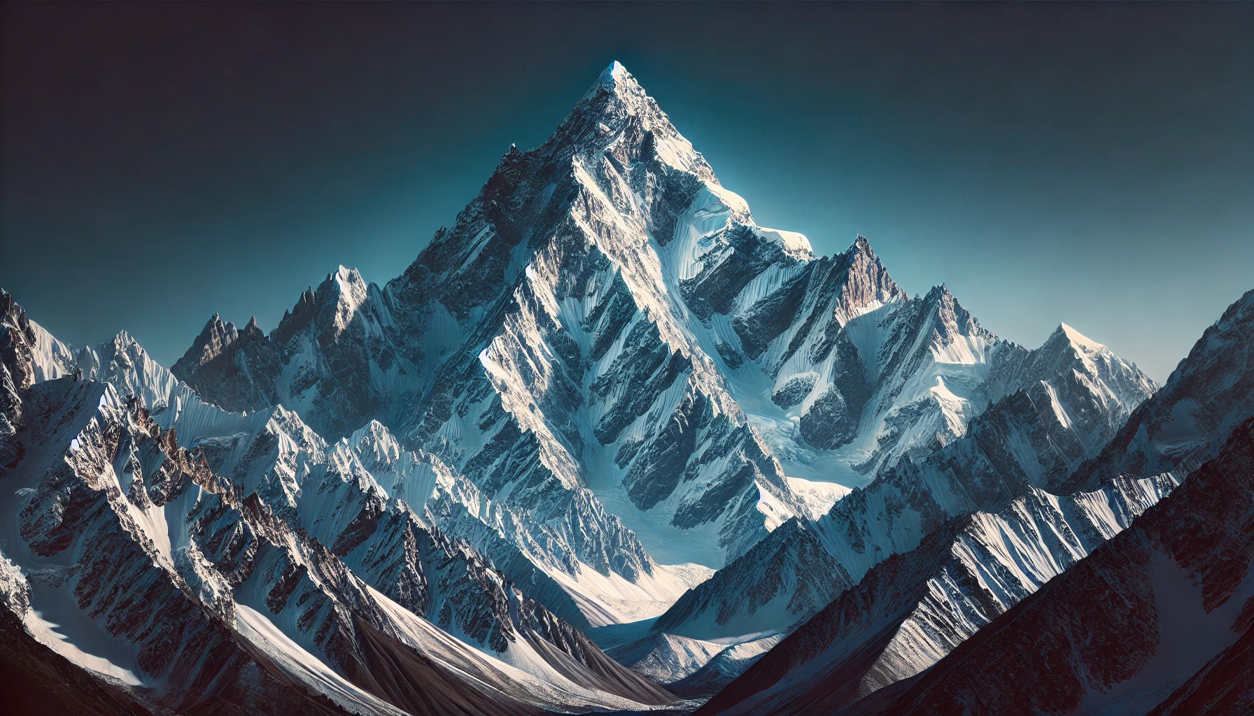 A stunning view of Gasherbrum III in the Karakoram Range, featuring its towering snow-covered summit against a clear blue sky. The mountain stands majestically, capturing the essence of high-altitude beauty and mountaineering challenge.