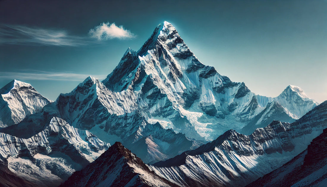 A stunning view of Annapurna III in the Himalayas of Nepal, featuring its towering snow-covered summit against a clear blue sky. The mountain stands majestically, capturing the essence of high-altitude beauty and mountaineering challenge.