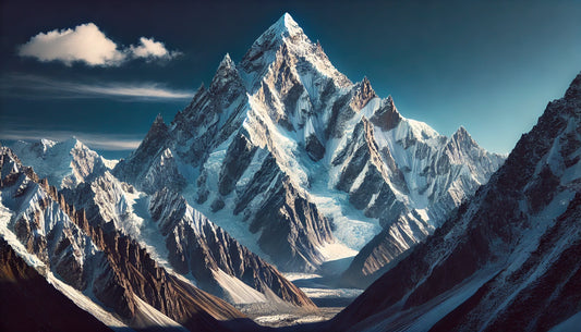 A stunning view of Masherbrum (K1) in the Karakoram Range, featuring its towering snow-covered summit against a clear blue sky. The mountain stands majestically, capturing the essence of high-altitude beauty and mountaineering challenge.