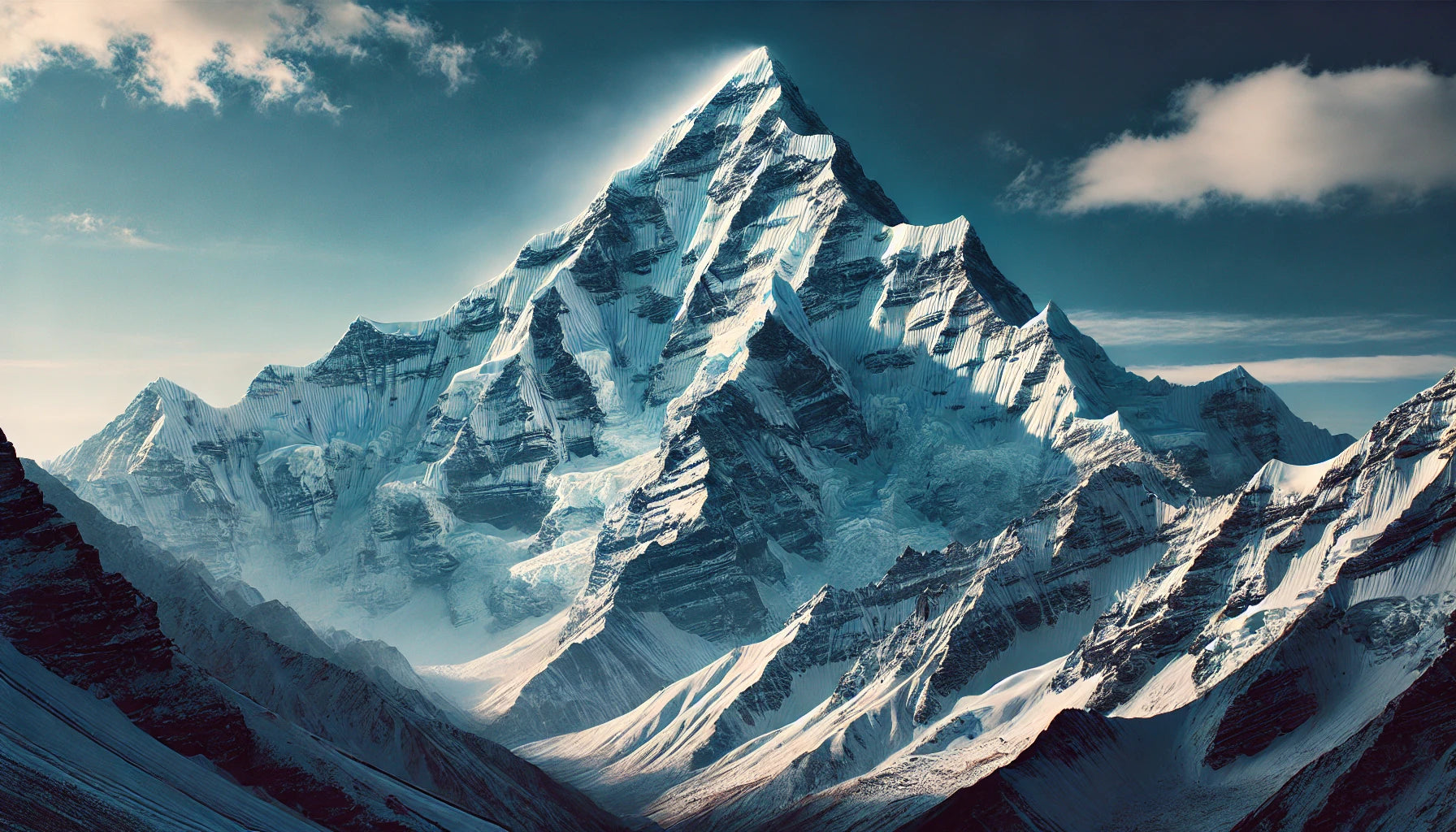 A stunning view of Nanda Devi in the Garhwal Himalayas, featuring its towering snow-covered summit against a clear blue sky. The mountain stands majestically, capturing the essence of high-altitude beauty and mountaineering challenge.