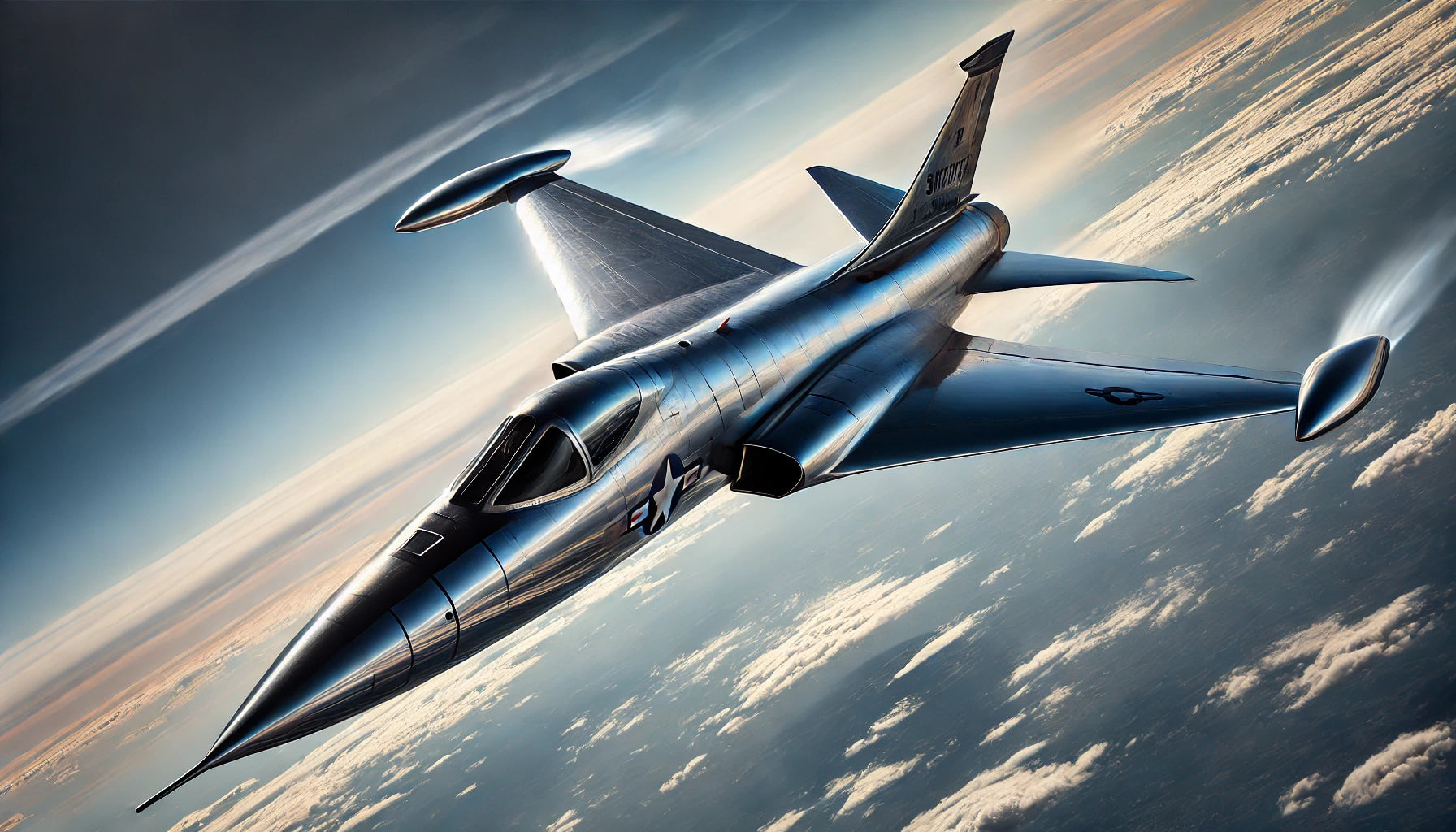 A Lockheed F-104 Starfighter in flight, showcasing its sleek, high-speed design against a clear blue sky. The aircraft is known for its distinctive shape and supersonic capabilities.