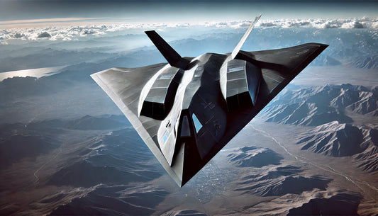 An F-117 Nighthawk in flight, showcasing its distinctive angular design and stealth capabilities. The aircraft is known for its revolutionary stealth technology and combat effectiveness.