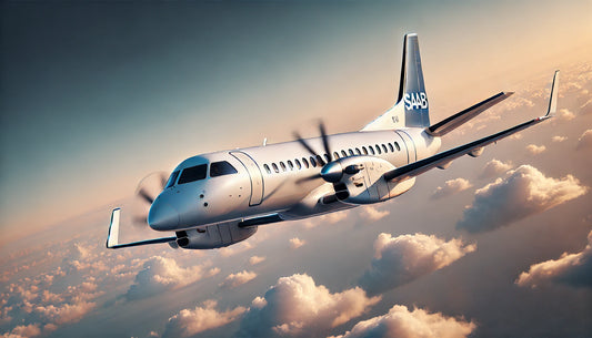 A Saab 340 in flight, showcasing its sleek design and efficiency as a regional airliner. The aircraft is known for its reliability, passenger comfort, and operational versatility.