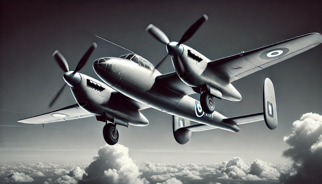 A De Havilland Mosquito in flight, showcasing its sleek design and versatility as a multi-role combat aircraft. The aircraft is known for its speed, reliability, and effectiveness in various combat roles.