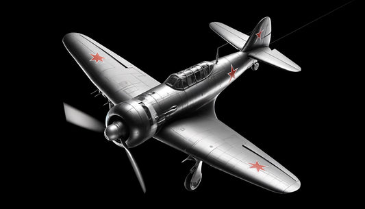 A Yakovlev Yak-9 in flight, showcasing its sleek design and versatility as a World War II fighter aircraft. The aircraft is known for its speed, agility, and effectiveness in various combat roles.