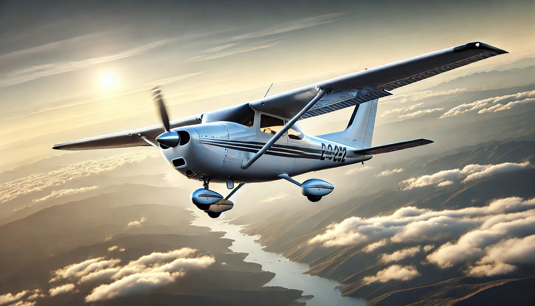 A Cessna 182 Skylane in flight, showcasing its sleek design and versatility as a general aviation aircraft. The aircraft is known for its reliability, performance, and comfort in various flight missions.