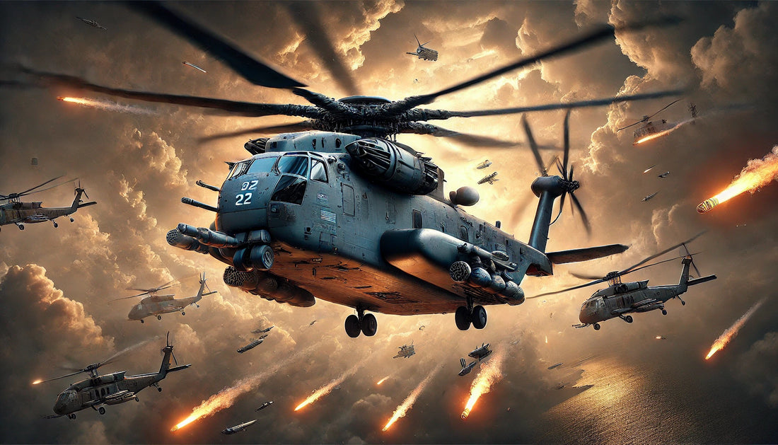 A Sikorsky CH-53E Super Stallion in flight, showcasing its robust design and heavy-lift capabilities. The helicopter is known for its versatility in military operations, including troop transport and cargo resupply.