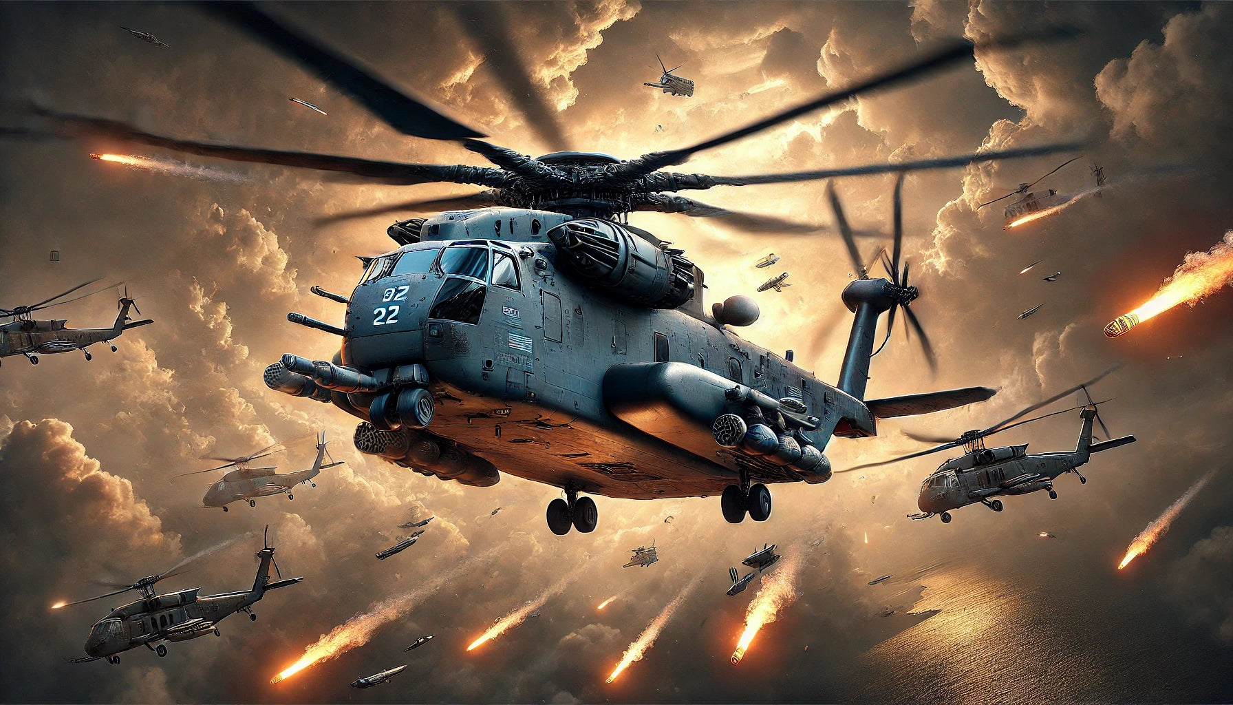 A Sikorsky CH-53E Super Stallion in flight, showcasing its robust design and heavy-lift capabilities. The helicopter is known for its versatility in military operations, including troop transport and cargo resupply.