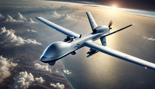 A Northrop Grumman RQ-4 Global Hawk in flight, showcasing its sleek design and advanced ISR capabilities. The UAV is known for its endurance, high-resolution imaging, and real-time intelligence transmission.