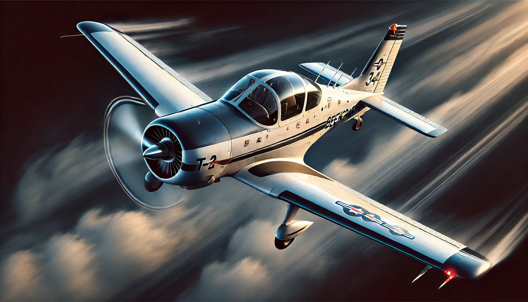 A Beechcraft T-6 Texan II in flight, showcasing its sleek design and advanced training capabilities. The aircraft is known for its reliability and effectiveness in pilot training programs worldwide.