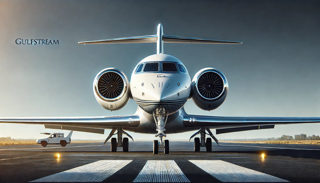 A sleek and modern Gulfstream G650 private jet on a runway, featuring a streamlined fuselage and advanced wing design, ready for takeoff against a clear blue sky in a landscape format