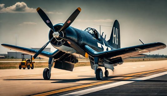 A historic Vought F4U Corsair fighter plane on a runway, featuring its distinctive gull-wing design and propeller. The aircraft is painted in a classic navy blue military scheme with white markings.