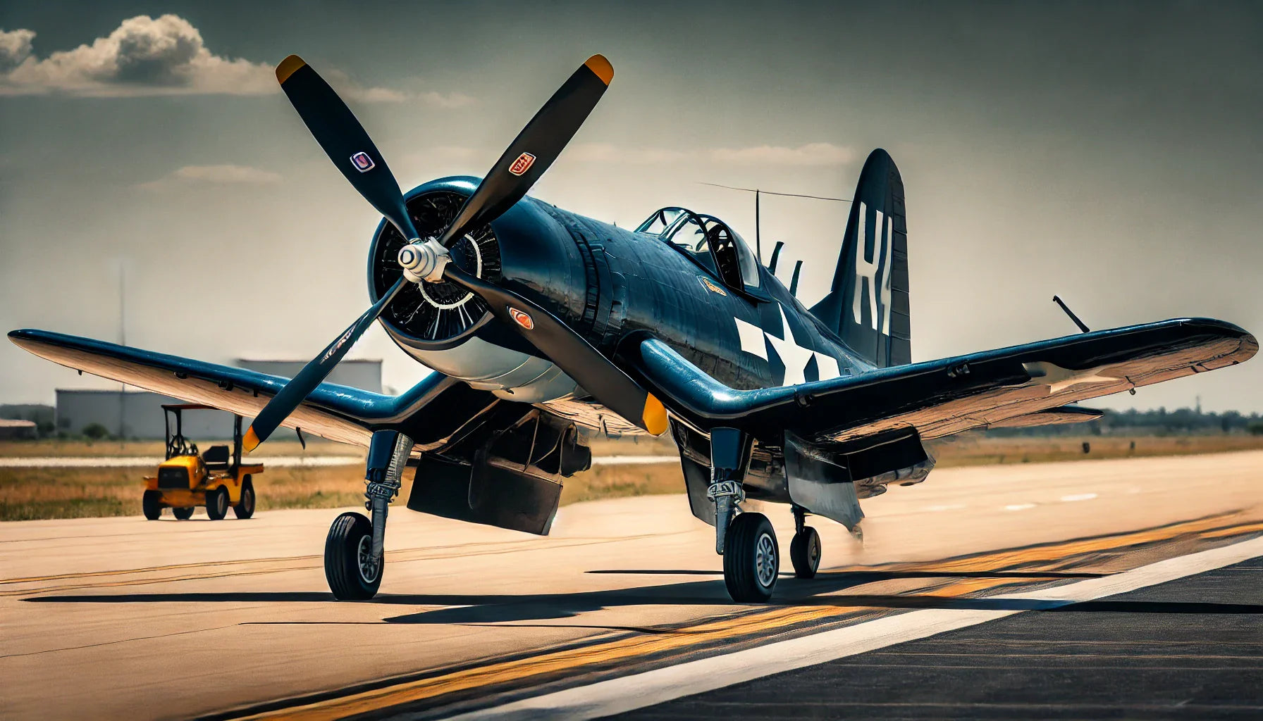 Blue Vought F4U Corsair fighter with white star insignia and gull-wing wings on a runway, propeller spinning.
