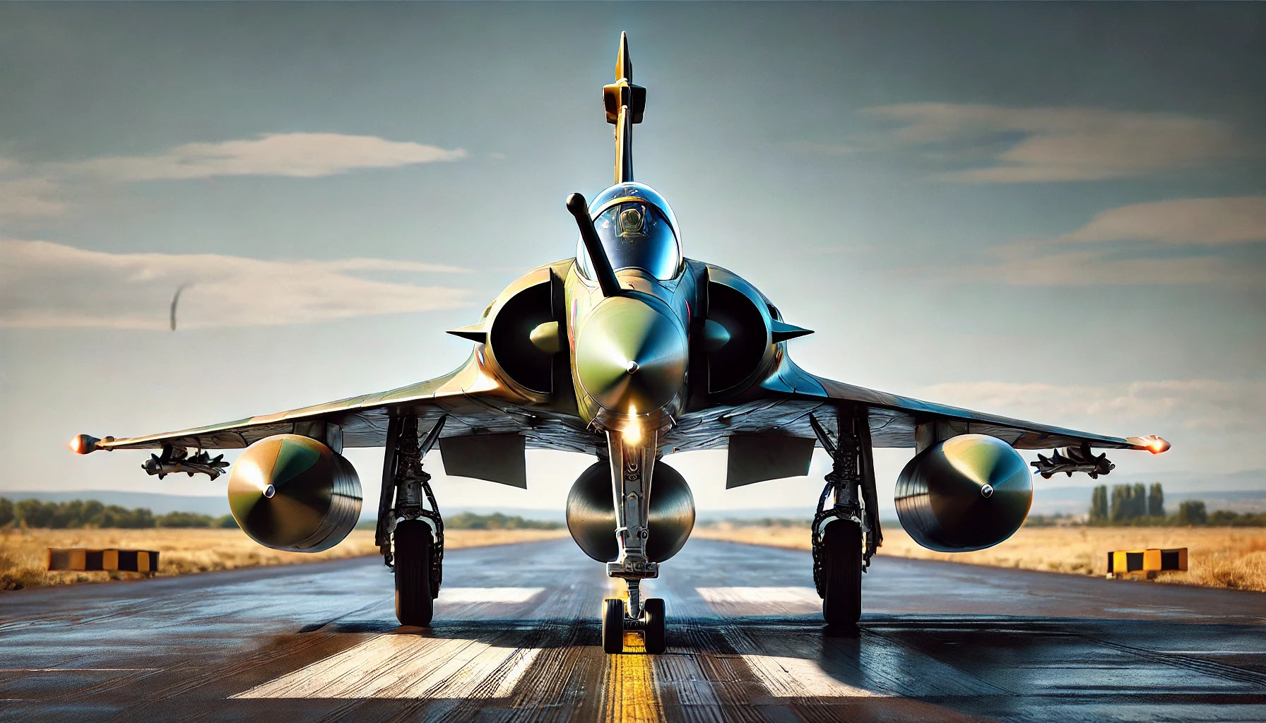 A Dassault Mirage 2000 fighter jet on a runway, showcasing its sleek delta wing design and powerful single-engine configuration. The aircraft is painted in a classic military camouflage scheme, 