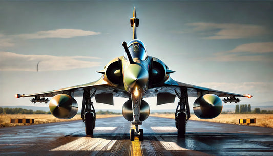 A Dassault Mirage 2000 fighter jet on a runway, showcasing its sleek delta wing design and powerful single-engine configuration. The aircraft is painted in a classic military camouflage scheme, 