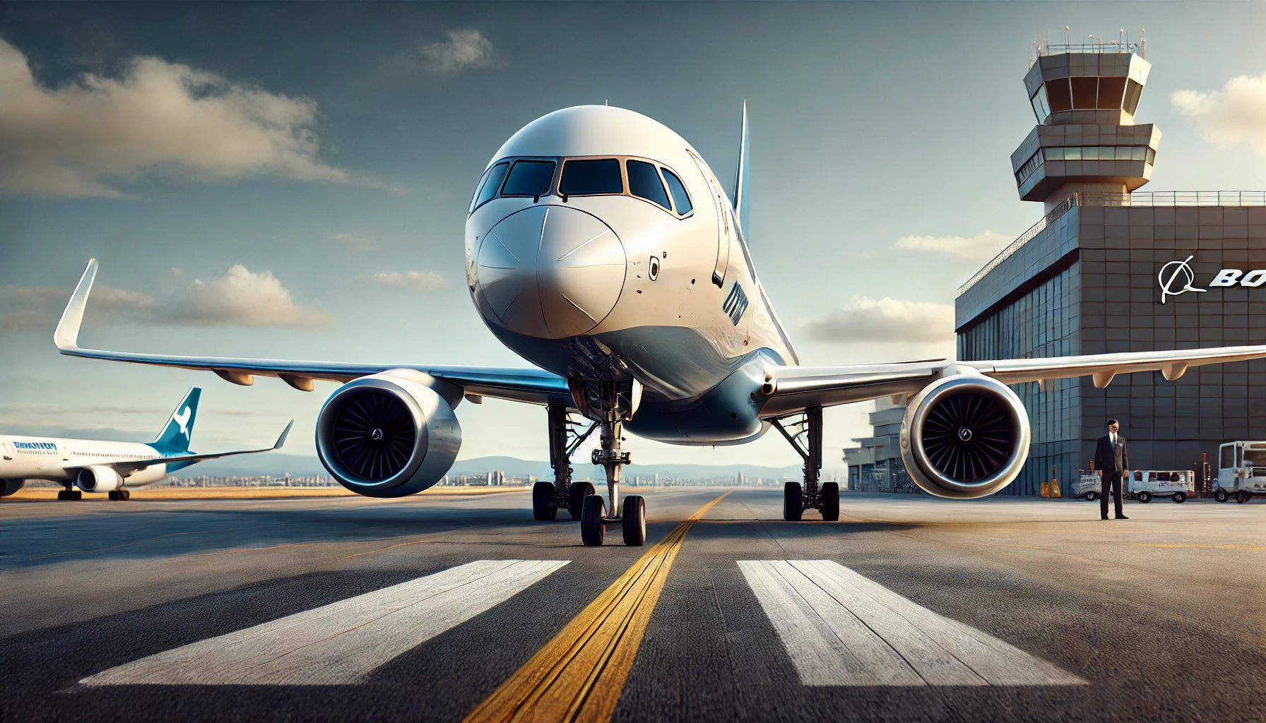 A Boeing 757 aircraft on a runway, showcasing its sleek design and twin-engine configuration. The aircraft is painted in a commercial airline livery with distinctive colors and logos. In the background.