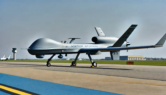 A Northrop Grumman X-47B drone on a runway, showcasing its sleek, tailless design and stealthy appearance. The aircraft is painted in a muted grey color scheme, typical of military drones.