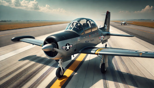 A Beechcraft T-6 Texan II trainer aircraft on a runway, showcasing its sleek design and twin-seat cockpit. The aircraft is painted in a military training livery with distinctive colours and markings.