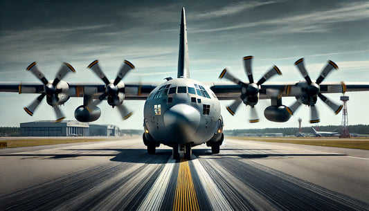 A Lockheed Martin C-130J Super Hercules aircraft on a runway, showcasing its four-engine turboprop configuration and robust design.