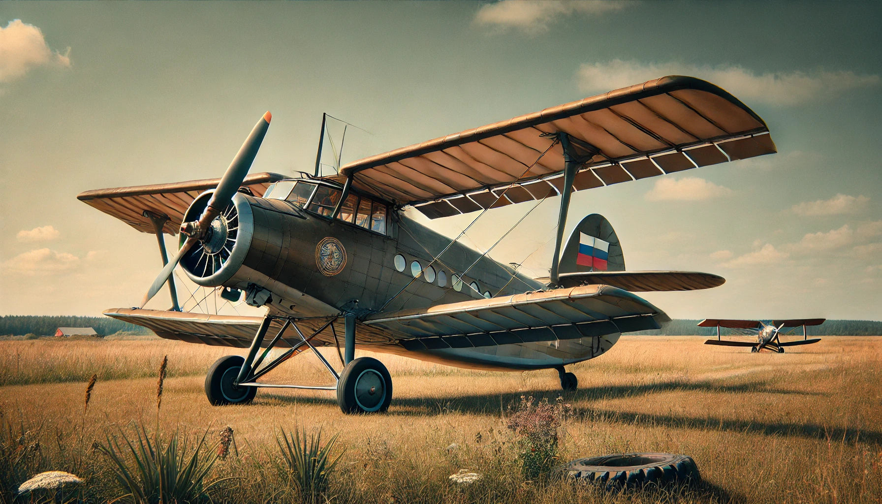 An Antonov An-2 biplane on a grassy airfield, showcasing its classic biplane design with a single-engine and large, fabric-covered wings. The aircraft is painted in a vintage livery with distinctive markings.