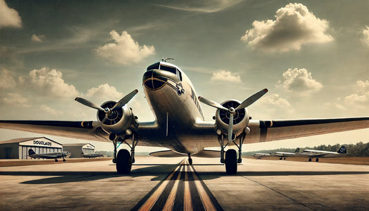 A classic Douglas DC-3 aircraft on a runway, showcasing its elegant design and twin-engine configuration. The aircraft is painted in a vintage livery with distinctive markings.