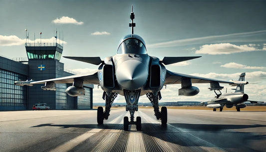 A sleek Saab JAS 39 Gripen fighter jet on a runway, showcasing its delta wing and canard design. The aircraft is painted in a modern military grey color with distinctive markings.