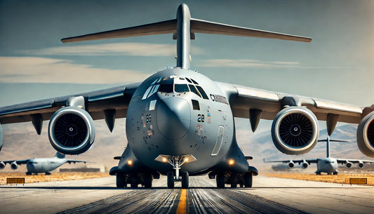 A powerful Boeing C-17 Globemaster III military transport aircraft on a runway, showcasing its high-wing design and four-engine configuration. The aircraft is painted in a standard military grey livery with distinctive markings