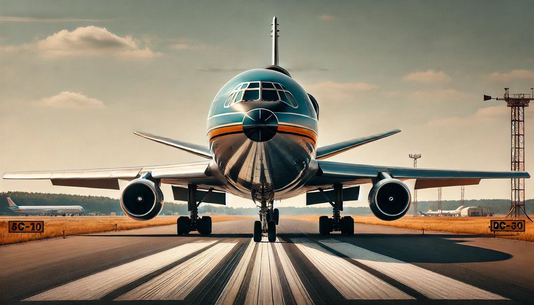 A classic McDonnell Douglas DC-10 aircraft on a runway, showcasing its distinctive trijet design and wide-body fuselage. The aircraft is painted in a vintage livery with distinctive markings.