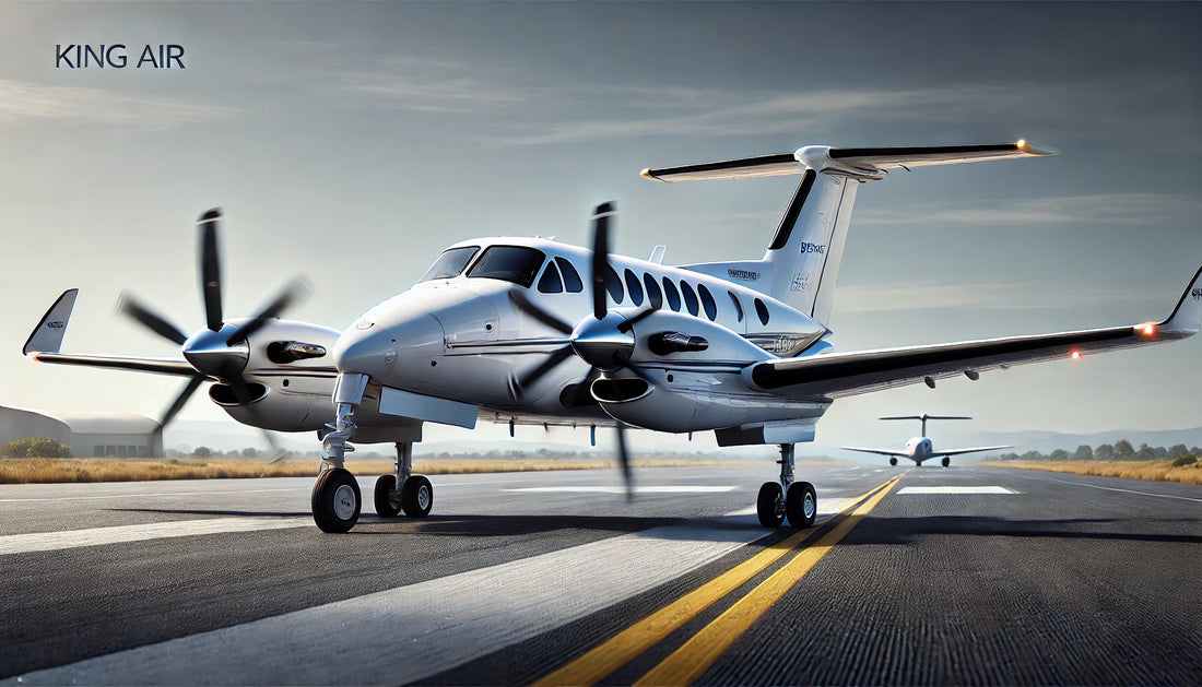 A Beechcraft King Air turboprop aircraft on a runway, showcasing its sleek design and twin-engine configuration. The aircraft is painted in a classic white livery with distinctive markings.